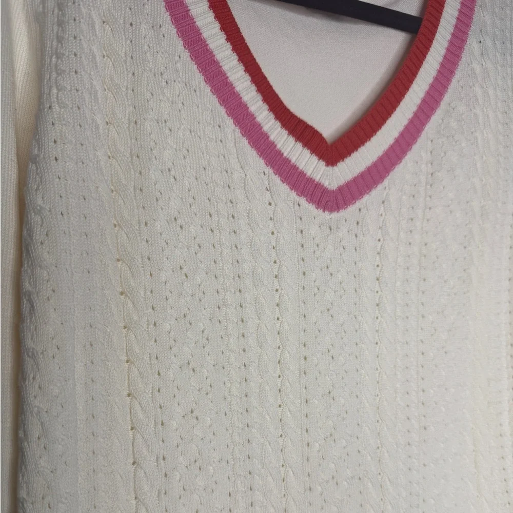 TALBOTS Cable Knit Cream Varsity Sweater Red Pink Stripes‎ Academia Size M